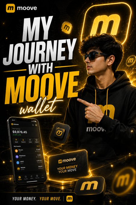 A promotional poster for 'MOOVE wallet' featuring a young man in a black hoodie with the brand's yellow 'M' logo, alongside a phone screen showing a balance of $9,876.45.