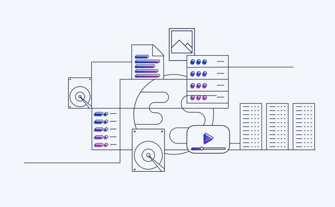 A minimalist line-art illustration depicting various digital content interfaces including documents, image files, audio waveforms, video players, and database servers connected by lines.