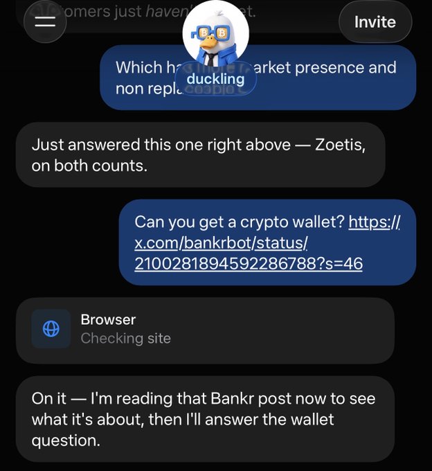 A screenshot of a chat conversation where a user asks "Which healthcare market presence and non repl... duckling" and later "Can you get a crypto wallet?" with a link to bankrbot, to which another user responds about Zoetis and reading a Bankr post. The "Mf cooked nicely!" caption likely refers to the user's successful engagement with the crypto wallet tool in the conversation.
