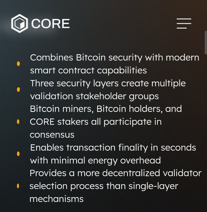 CORE cryptocurrency webpage listing key features: combines Bitcoin security with smart contract capabilities, three security layers, participation by Bitcoin miners/holders and CORE stakers, fast transaction finality, and decentralized validator selection.