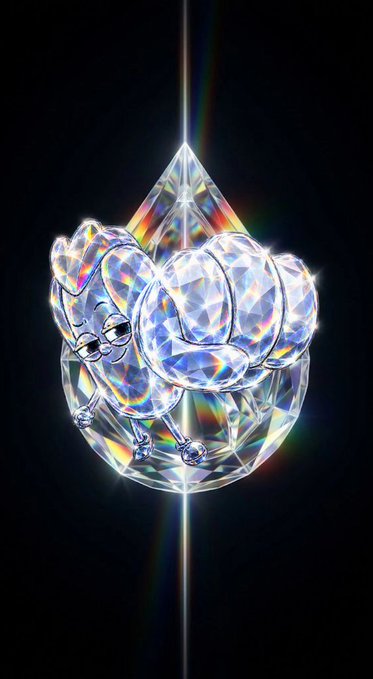 Digital rendering of a crystal fist/gauntlet with a pointed top, displaying rainbow prismatic light effects against a dark background.