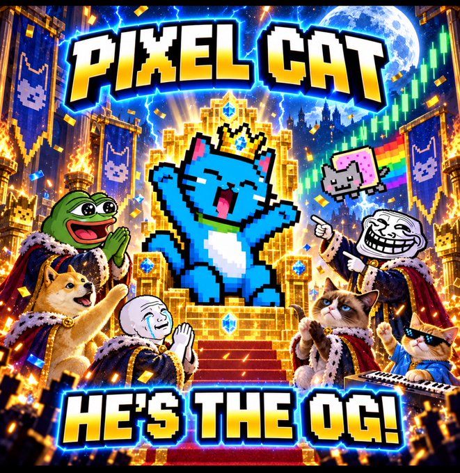 A pixel art promotional graphic titled 'PIXEL CAT - HE'S THE OG!' showing a crowned blue pixel cat surrounded by cheering meme characters (Pepe, Doge, Trollface) in a castle setting.