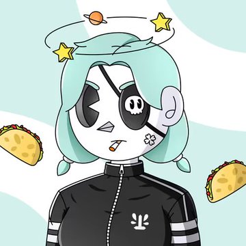 A digital illustration of a stylized character with mint green hair, an eye patch with a skull design, floating stars and a planet above their head, wearing a black jacket and surrounded by floating tacos.
