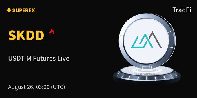 A promotional graphic from SuperEx announcing that SKDD USDT-M Futures are now live on their TradFi platform, featuring the SuperEx logo, a 3D coin displaying the SKDD ticker symbol, and the launch timestamp of August 26, 03:00 (UTC).