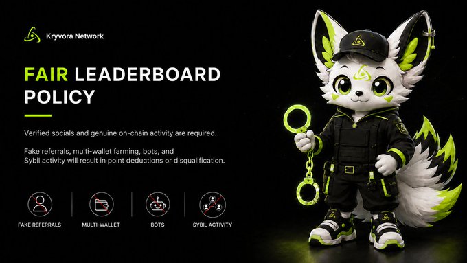 A Kryvora Network promotional graphic detailing a 'FAIR LEADERBOARD POLICY' featuring an anthropomorphic fox character in black holding handcuffs.