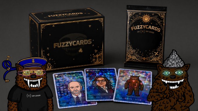 Two cartoon hyenas, one in a captain's hat and the other wearing a tinfoil hat, flank a display of "Fuzzycards" trading cards featuring characters like "The Algorithm" and "Todd," along with a black box and booster pack showcasing the cosmic, meme-inspired card game.