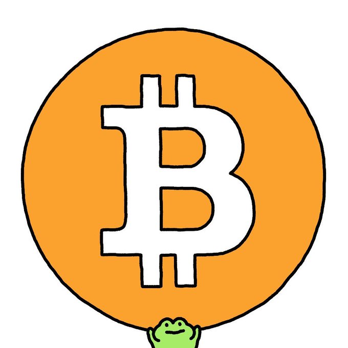 A simple cartoon illustration of an orange circle with a white Bitcoin 'B' symbol and a small green frog peeking up from the bottom.