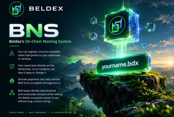 A promotional graphic for BELDEX's BNS (On-Chain Naming System) explaining how users can register human-readable names like 'yourname.bdx' that point to blockchain addresses, with benefits listed including censorship resistance and removing BDX from circulation through burns.