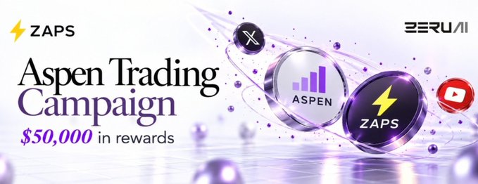 A promotional banner for the 'Aspen Trading Campaign' offering '$50,000 in rewards', featuring logos for ZAPS, Aspen, X (Twitter), and YouTube on a purple themed background.