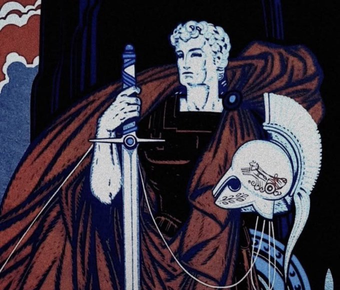 An illustrated figure in a red cape holding a sword and a decorated helmet, rendered in a bold, classical style.