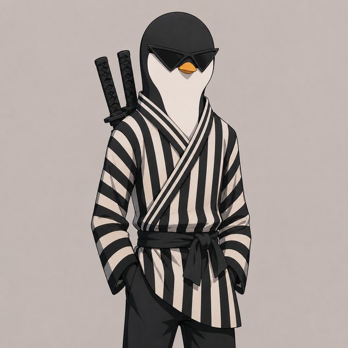 An illustration of a penguin dressed as a ninja in a black and white striped kimono with two swords strapped to its back, wearing dark sunglasses against a gray background.