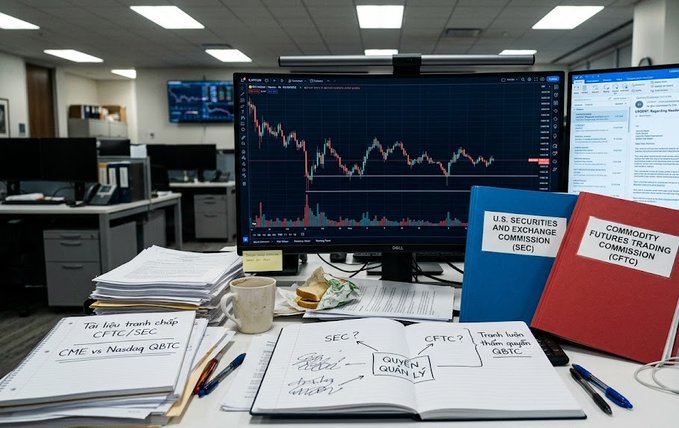 A desk setup with a monitor showing a financial chart, surrounded by stacks of papers and folders labeled 'U.S. SECURITIES AND EXCHANGE COMMISSION (SEC)' and 'COMMODITY FUTURES TRADING COMMISSION (CFTC)', with notebooks containing handwritten notes about CME vs Nasdaq QBTC.