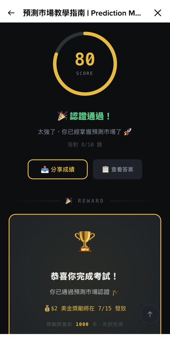 A screenshot of a Binance prediction market quiz result page showing an 80 score with "認證通過！" (Certification Passed) message, indicating 8/10 correct answers to qualify for a $2 reward, displayed in Traditional Chinese for the Taiwan event.