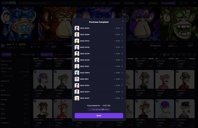 A 'Purchase Complete!' window on a dark-themed NFT marketplace shows 12 purchased Bored Ape Yacht Club items for 3,427 SOL, with a purple 'Done' button.