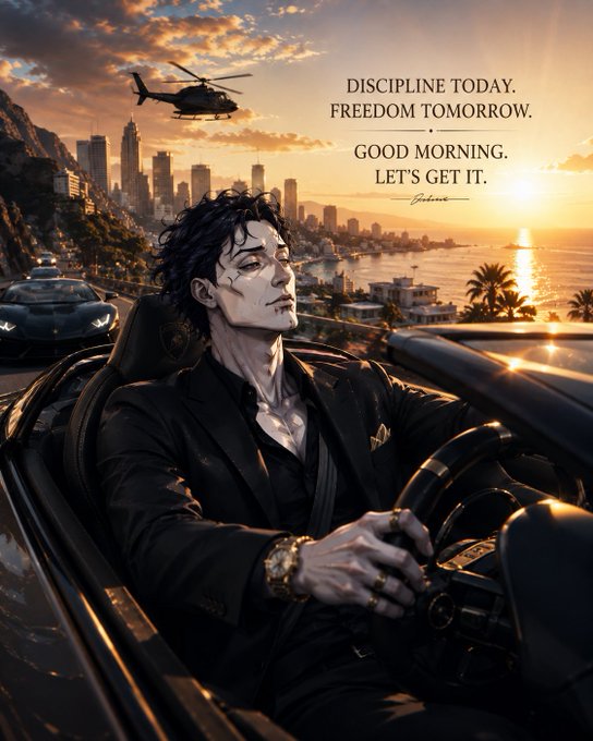 A stylized illustration of a cybernetic man in a black suit driving a convertible through a coastal city at sunset, with the motivational text 'DISCIPLINE TODAY. FREEDOM TOMORROW. GOOD MORNING. LET'S GET IT.'