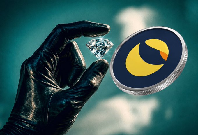 A gloved hand holds a sparkling diamond next to a large Luna Classic (LUNC) coin against a moody teal background, symbolizing the cryptocurrency as a precious and valuable digital asset for #LUNC traders.
