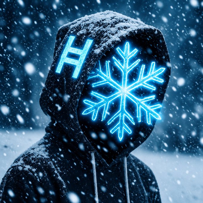A hooded figure in a snowy landscape with a glowing blue neon snowflake covering their face and a blue neon window-like symbol on the side of the hood.