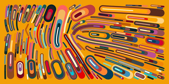 A vibrant abstract digital artwork composed of colorful, rounded linear forms in earthy tones against a bold orange background, visually representing the SEIMEI NFT collection piece #69. The flowing, capsule-like shapes create a dynamic pattern that mirrors the generative aesthetic of blockchain-minted artwork.