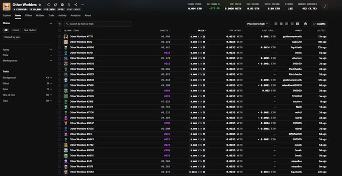 Screenshot of the Other Worlds NFT collection marketplace page showing listed items with rarity rankings, prices, and owner details.