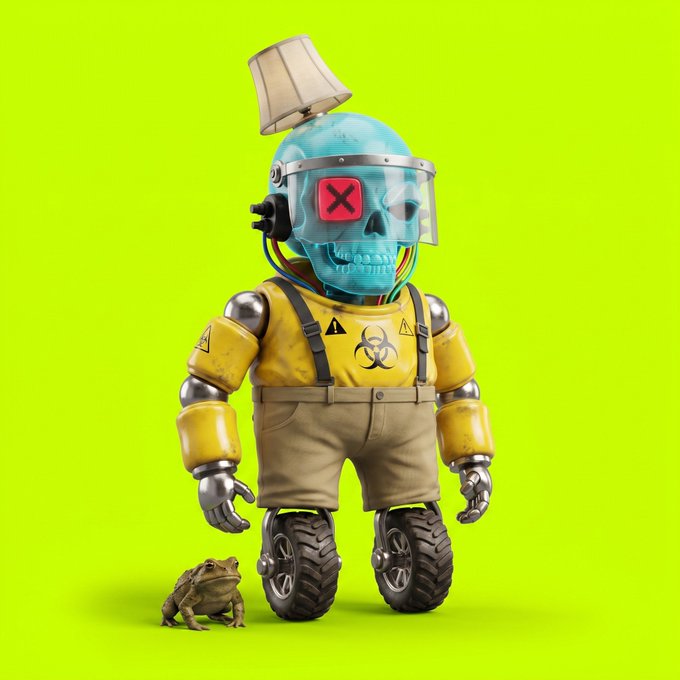A 3D-rendered robot with a transparent blue skull head, wearing a yellow hazmat-style shirt with biohazard symbols, a lampshade on its head, and wheels instead of legs, stands next to a small frog against a bright green background.