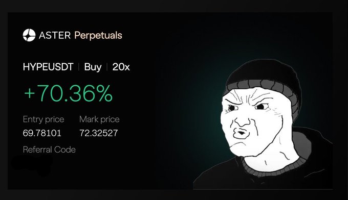 A screenshot of an ASTER Perpetuals trade showing a HYPEUSDT Buy position with 20x leverage that yielded a +70.36% gain, paired with a smug Wojak meme face. The post attributes the day's $14,000 profit to Trump and Hyperliquid, with the meme celebrating the successful leveraged long on HYPE (a Hyperliquid token).