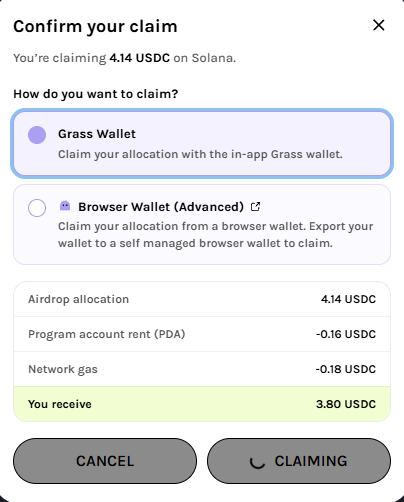 A crypto claim confirmation screen showing a 4.14 USDC airdrop allocation on Solana, with the option to claim via Grass Wallet or Browser Wallet, resulting in 3.80 USDC received after fees.