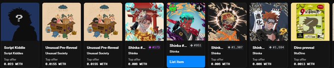 A row of NFT listings on what appears to be OpenSea, including 'Script Kiddie' (#823 METH), 'Unusual Pre-Reveal Unusual Society' (#8155 METH), several 'Shinko' listings (#9513 and #9512 METH), and 'Ding-preveal Shuffles' (#8413 METH).