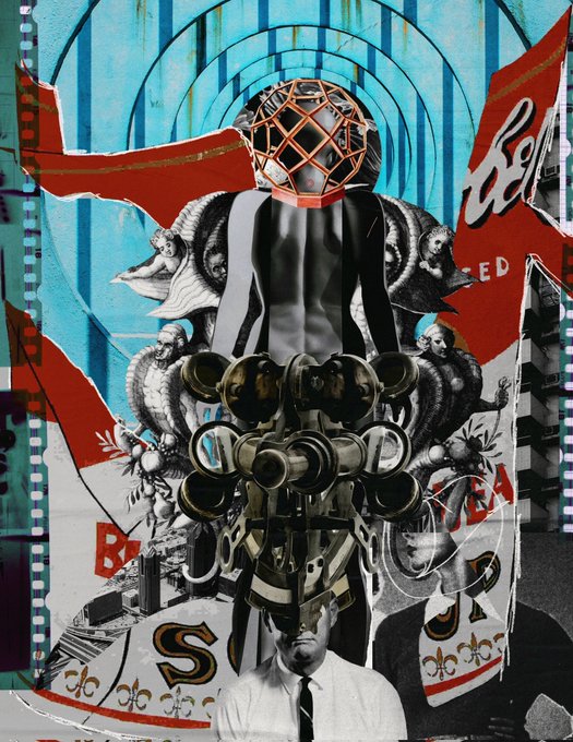 A surreal collage-style artwork featuring a figure with a geometric wireframe mask, black and white striped head, and ornate metallic forms layered over vintage advertising imagery and a classic Coca-Cola bottle.