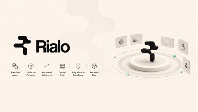 A promotional graphic for "Rialo" displays features including Tokenized Assets, Stablecoin Payments, Automated Settlement, Onchain Credit, Programmable Compliance, and Real World Data.