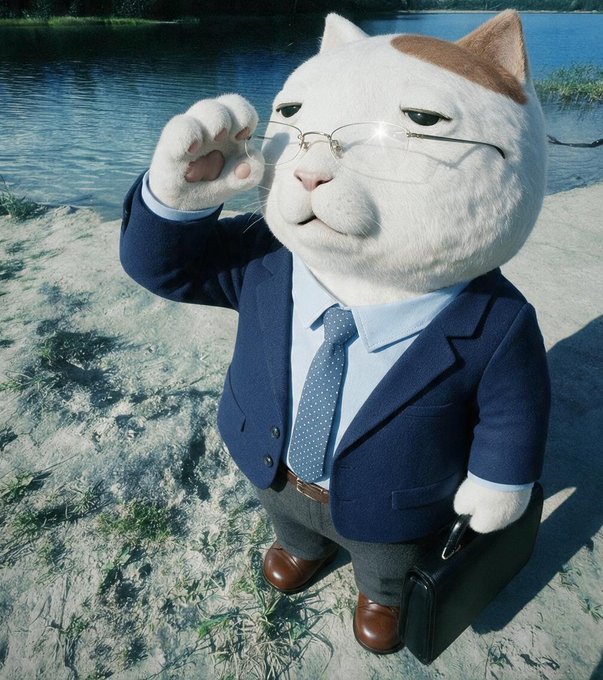 An anthropomorphic white cat with a brown ear patch, wearing a navy blue suit, light blue shirt, polka dot tie, and wire-rimmed glasses, stands on a sandy riverbank while adjusting its glasses and holding a black briefcase.