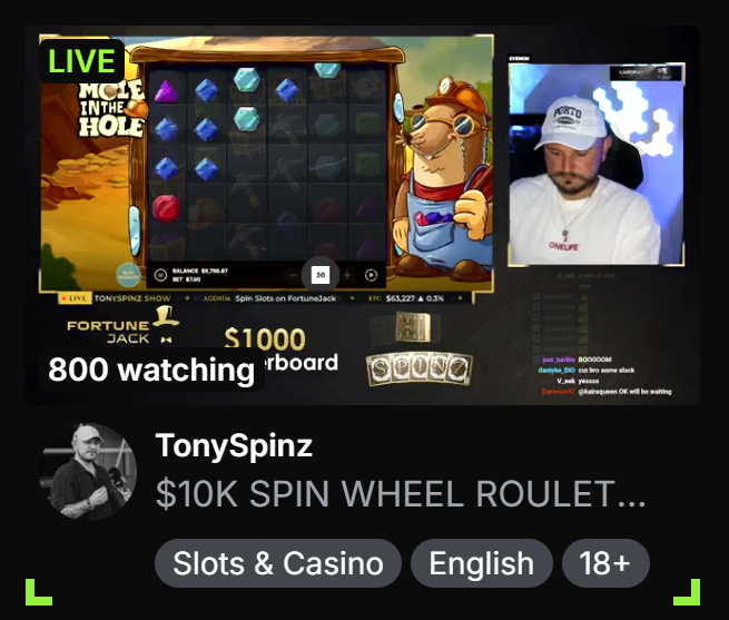 Screenshot of a live casino stream by 'TonySpinzz' showing a 'Mine in the Hole' game on FortuneJack, with on-screen text highlighting an '$1000' board and '800 watching', tagged with 'Slots & Casino', 'English', and '18+'.