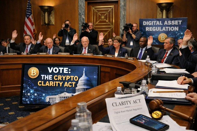 Politicians raising their hands in a vote during a congressional hearing featuring digital screens that read 'VOTE: THE CRYPTO CLARITY ACT' and 'DIGITAL ASSET REGULATION' alongside Bitcoin logos.