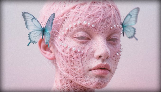 A surreal digital portrait of a woman with pink yarn-like strands covering her head and face, adorned with pearls and flanked by two blue butterflies against a pale background.