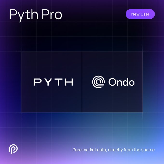 The image shows a "Pyth Pro" graphic with a "New User" badge, displaying the logos for "PYTH" and "@Ondo" on a purple and blue gradient background, with the tagline "Pure market data, directly from the source" at the bottom. It serves as an announcement graphic welcoming @OndoPerps as a new Pyth Pro user, highlighting their integration of Pyth's institutional-grade price data for 24/7 equity and commodity perpetuals.