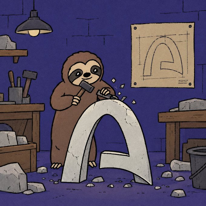 A cartoon illustration of a brown sloth character in a workshop setting, hammering on a large stone shape resembling a logo.