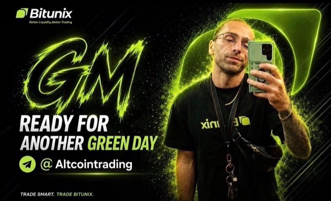 The image is a promotional graphic for Bitunix featuring a man taking a mirror selfie while wearing a Bitunix-branded shirt, accompanied by the text "GM - Ready for another green day" and the handle "@Altcointrading." It ties into the post's "GM Crypto" greeting and trading mindset, visually reinforcing the theme of discipline and green-day optimism that the accompanying message expands upon.