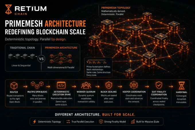 An infographic for 'RETUM CHAIN' titled 'PRIMEMESH ARCHITECTURE: REDEFINING BLOCKCHAIN SCALE' compares traditional linear blockchain to a multi-dimensional parallel network, detailing processes like Router, Deterministic Execution (RVM), and Block Sealing.