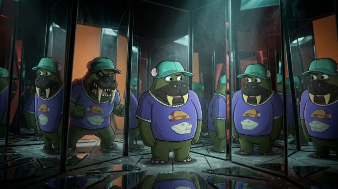 A digital illustration of cartoon hippo characters wearing green caps and purple shirts with food logos, standing in a mirrored room with a menacing look.