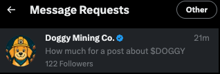 A screenshot of an Instagram Message Request from "Doggy Mining Co." (a verified account with 122 followers) asking "How much for a post about $DOGGY," which complements the post's criticism of copycat memecoin projects by highlighting a solicitation for promotional content from one such clone.
