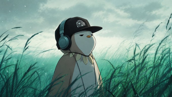 An animated illustration of a penguin wearing a black baseball cap and blue headphones standing in a field of tall green grass under a cloudy sky.