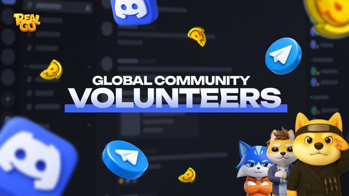 A promotional graphic for "GLOBAL COMMUNITY VOLUNTEERS" featuring the Real GO (RealGO) logo in the top-left corner, with floating Discord and Telegram icons alongside gold coin graphics, and three cartoon animal characters (a fox, a dog, and a Shiba Inu in ninja attire) positioned in the bottom-right against a dark background. The image directly illustrates the post's announcement about open volunteer applications, using these popular community platform icons to emphasize the global, community-driven nature of the opportunity.