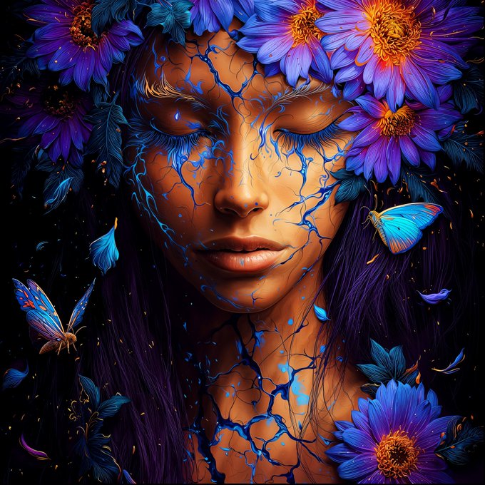 A digital fantasy artwork depicts a woman's face with glowing blue cracks, surrounded by vibrant purple flowers and blue butterflies.