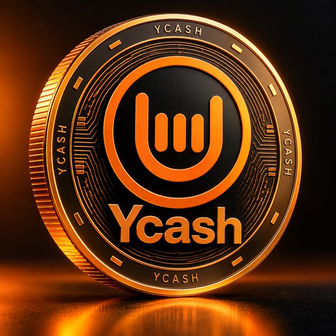 3D rendering of an orange and black Ycash (YCASH) cryptocurrency coin with a 'U'-like logo.