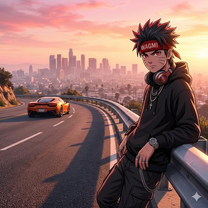 An anime-style illustration of a male character wearing a black hoodie, red headphones, and a headband labeled 'WAGMI', leaning against a highway guardrail with a yellow sports car and a city skyline at sunset in the background.