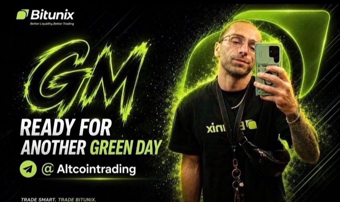 A man wearing a Bitunix-branded shirt takes a mirror selfie in front of a vibrant green "GM READY FOR ANOTHER GREEN DAY @Altcointrading" promotional graphic. The image ties into the post's theme by combining the upbeat "GM" (good morning) greeting common in crypto with a cautionary reminder about overtrading after a win, symbolized by the encouraging "green day" messaging contrasted against the post's warning about giving back profits.