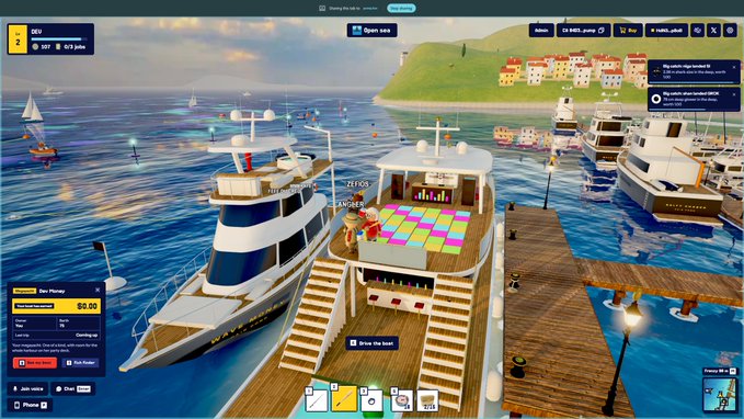 A screenshot of a boat management video game displays yachts docked at a marina, with UI elements showing 'DEV 2', '$0.00', 'ZEUS', and 'ANGER' text.