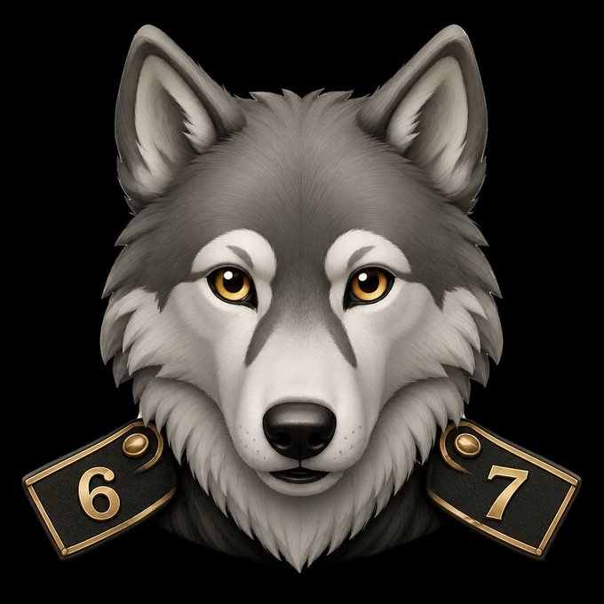 A stylized illustration of a grey wolf's head with yellow eyes against a black background, wearing collar tags numbered '6' and '7.'