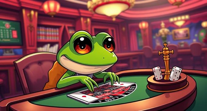 A cartoon illustration features a cute green frog with large red eyes sitting at a casino card table, with dice and a roulette-style wheel nearby in a warmly lit gambling hall.
