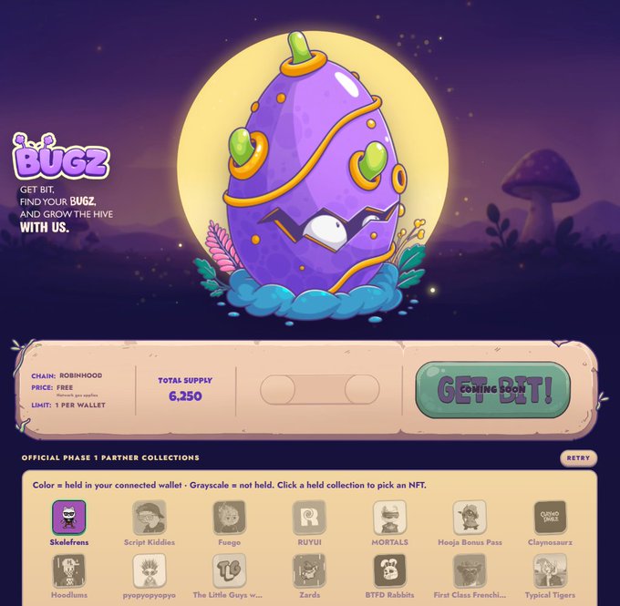 An NFT minting page called 'The Bugz' features a purple egg character with green horns and the tagline 'GET BIT, FIND YOUR BUGZ, AND GROW THE HIVE WITH US,' along with a 'Coming Soon!' button and various Phase 1 partner collections.
