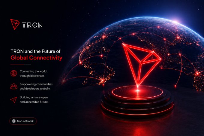 A promotional graphic for TRON blockchain featuring a glowing red TRON logo on a pedestal with Earth in the background, titled 'TRON and the Future of Global Connectivity.'